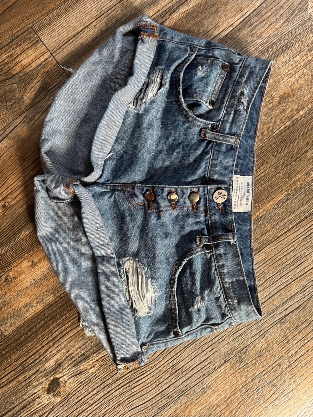 One Teaspoon Distressed Medium Blue Denim Jean Shorts